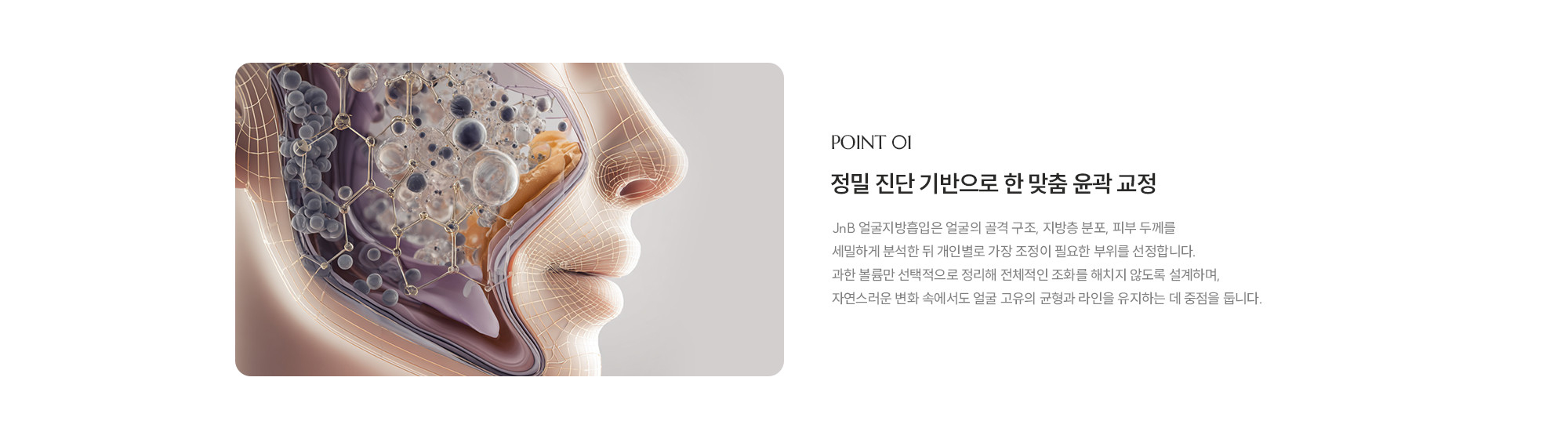 [POINT 01] 정밀 진단 기반으로 한 맞춤 윤곽 교정 : JNB 얼굴지방흡입은 얼굴의 골격 구조, 지방층 분포, 피부 두께를 세밀하게 분석한 뒤 개인별로 가장 조정이 필요한 부위를 선정합니다. 과한 볼륨만 선택적으로 정리해 전체적인 조화를 해치지 않도록 설계하며, 자연스러운 변화 속에서도 얼굴 고유의 균형과 라인을 유지하는 데 중점을 둡니다.