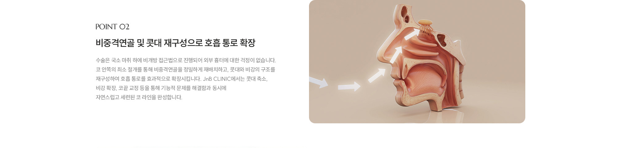 [POINT 02] 비중격연골 및 콧대 재구성으로 호흡 통로 확장 : 수술은 국소 마취 하에 비개방 접근법으로 진행되어 외부 흉터에 대한 걱정이 없습니다. 코 안쪽의 최소 절개를 통해 비중격연골을 정밀하게 재배치하고, 콧대와 비강의 구조를 재구성하여 호흡 통로를 효과적으로 확장시킵니다. JnB CLINIC에서는 콧대 축소, 비강 확장, 코끝 교정 등을 통해 기능적 문제를 해결함과 동시에 자연스럽고 세련된 코 라인을 완성합니다. 