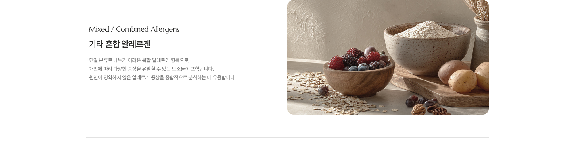 [Mixed / Combined Allergens] [기타 혼합 알레르겐] 단일 분류로 나누기 어려운 복합 알레르겐 항목으로, 개인에 따라 다양한 증상을 유발할 수 있는 요소들이 포함됩니다. 원인이 명확하지 않은 알레르기 증상을 종합적으로 분석하는 데 유용합니다.