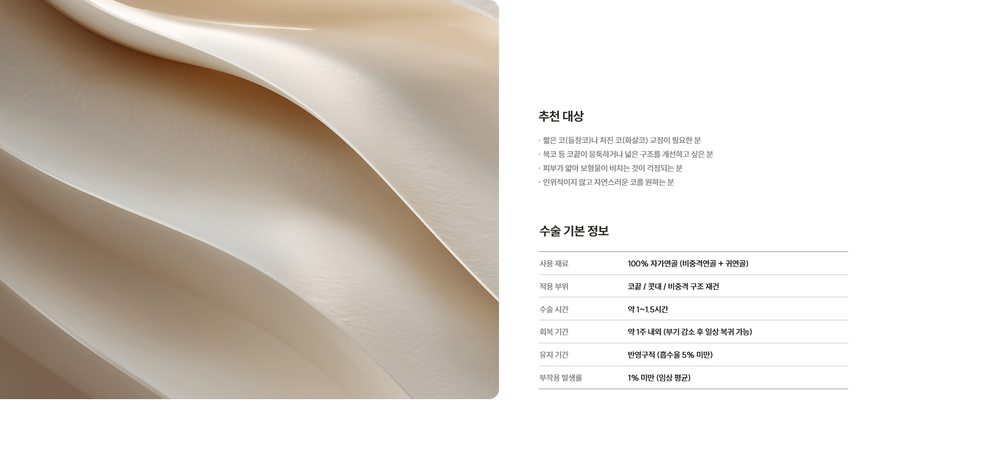 [추천 대상] · 짧은 코(들창코)나 처진 코(화살코) 교정이 필요한 분 · 복코 등 코끝이 뭉툭하거나 넓은 구조를 개선하고 싶은 분 · 피부가 얇아 보형물이 비치는 것이 걱정되는 분 · 인위적이지 않고 자연스러운 코를 원하는 분 [수술 기본 정보] 사용 재료 : 100% 자가연골 (비중격연골 + 귀연골) / 적용 부위 : 코끝 / 콧대 / 비중격 구조 재건 / 수술 시간 : 약 1~1.5시간 / 회복 기간 : 약 1주 내외 (부기 감소 후 일상 복귀 가능) / 유지 기간 : 반영구적 (흡수율 5% 미만) / 부작용 발생률 : 1% 미만 (임상 평균)