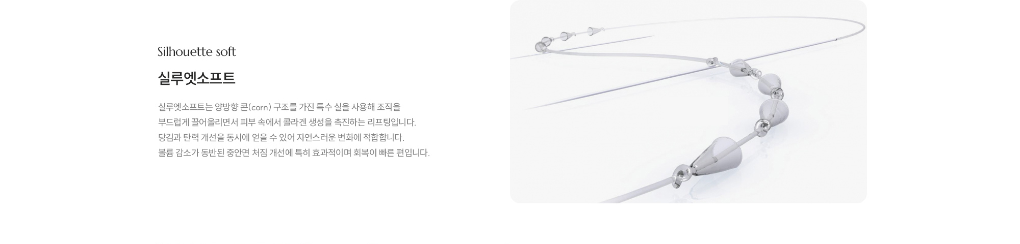 [실루엣소프트] 실루엣소프트는 양방향 콘(corn) 구조를 가진 특수 실을 사용해 조직을 부드럽게 끌어올리면서 피부 속에서 콜라겐 생성을 촉진하는 리프팅입니다. 당김과 탄력 개선을 동시에 얻을 수 있어 자연스러운 변화에 적합합니다. 볼륨 감소가 동반된 중안면 처짐 개선에 특히 효과적이며 회복이 빠른 편입니다.
