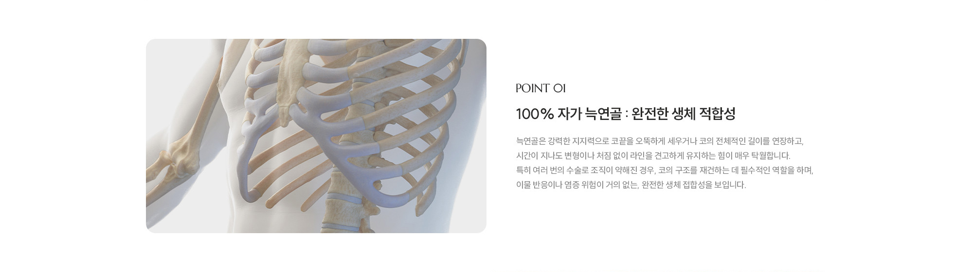 [POINT 01] 100% 자가 늑연골 : 완전한 생체 적합성 : 늑연골은 강력한 지지력으로 코끝을 오뚝하게 세우거나 코의 전체적인 길이를 연장하고, 시간이 지나도 변형이나 처짐 없이 라인을 견고하게 유지하는 힘이 매우 탁월합니다. 특히 여러 번의 수술로 조직이 약해진 경우, 코의 구조를 재건하는 데 필수적인 역할을 하며, 이물 반응이나 염증 위험이 거의 없는, 완전한 생체 접합성을 보입니다.