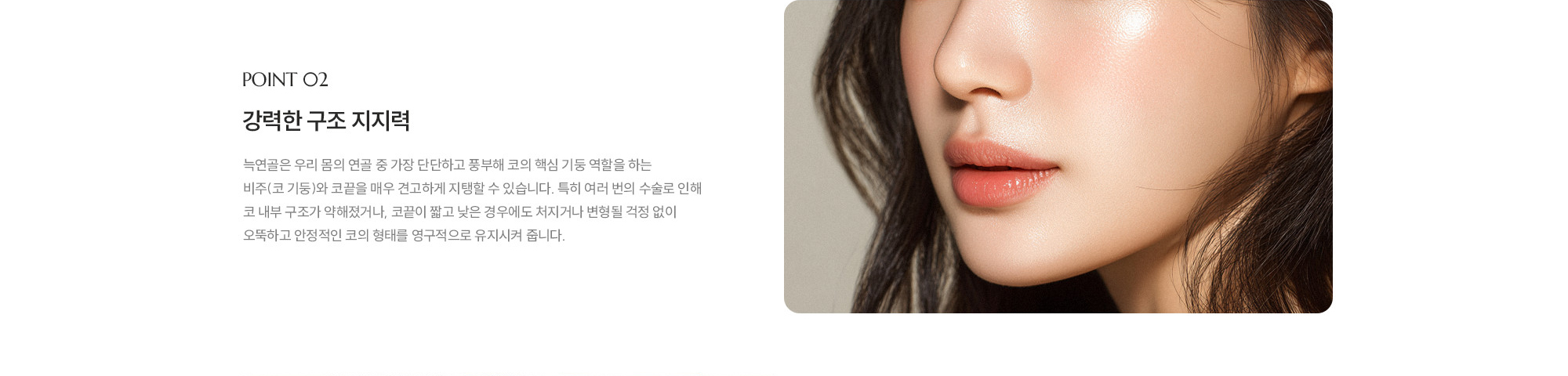 [POINT 02] 강력한 구조 지지력 : 늑연골은 우리 몸의 연골 중 가장 단단하고 풍부해 코의 핵심 기둥 역할을 하는 비주(코 기둥)와 코끝을 매우 견고하게 지탱할 수 있습니다. 특히 여러 번의 수술로 인해 코 내부 구조가 약해졌거나, 코끝이 짧고 낮은 경우에도 처지거나 변형될 걱정 없이 오뚝하고 안정적인 코의 형태를 영구적으로 유지시켜 줍니다. 