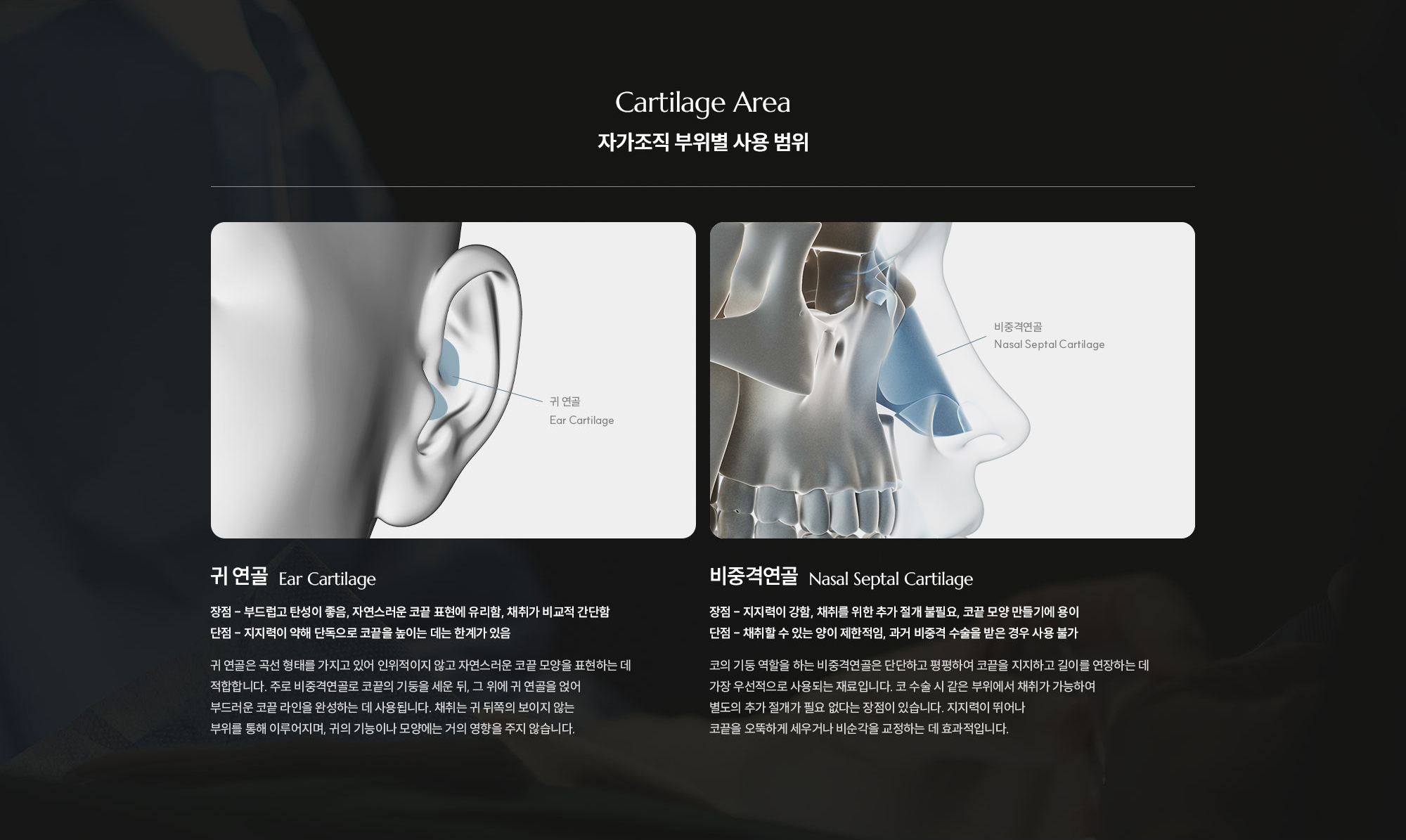 [자가조직 부위별 사용 범위] 귀 연골 : 장점 - 부드럽고 탄성이 좋음, 자연스러운 코끝 표현에 유리함, 채취가 비교적 간단함 | 단점 - 지지력이 약해 단독으로 코끝을 높이는 데는 한계가 있음 / 비중격연골 : 장점 - 지지력이 강함, 채취를 위한 추가 절개 불필요, 코끝 모양 만들기에 용이 | 단점 - 채취할 수 있는 양이 제한적임, 과거 비중격 수술을 받은 경우 사용 불가