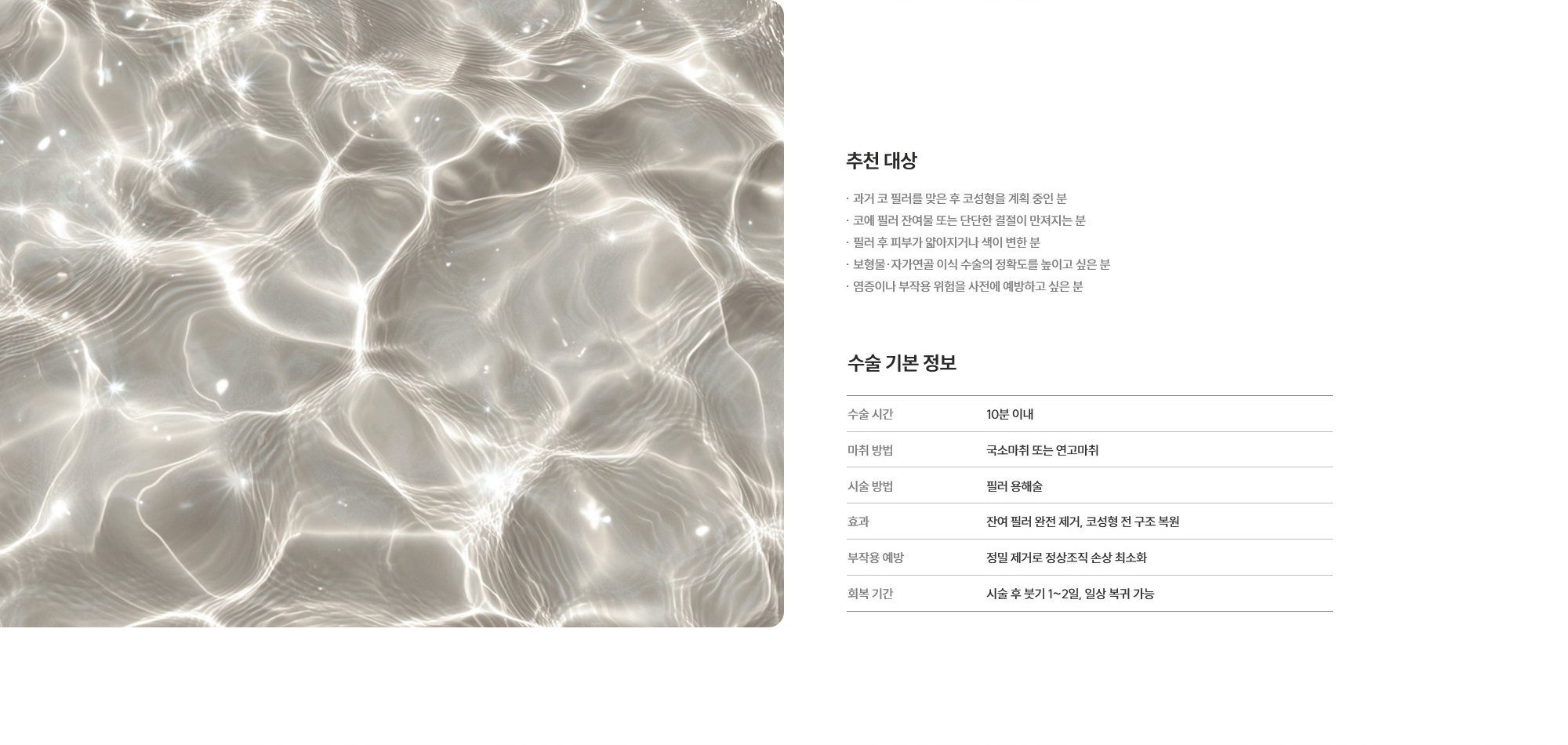 [추천 대상] · 과거 코 필러를 맞은 후 코성형을 계획 중인 분 · 코에 필러 잔여물 또는 단단한 결절이 만져지는 분 · 필러 후 피부가 얇아지거나 색이 변한 분 · 보형물·자가연골 이식 수술의 정확도를 높이고 싶은 분 · 염증이나 부작용 위험을 사전에 예방하고 싶은 분 [수술 기본 정보] 수술 시간 : 10분 이내  /  마취 방법 : 국소마취 또는 연고마취  /  시술 방법 : 필러 용해술  /  효과 : 잔여 필러 완전 제거, 코성형 전 구조 복원  /  부작용 예방 : 정밀 제거로 정상조직 손상 최소화  /  회복 기간 : 시술 후 붓기 1~2일, 일상 복귀 가능